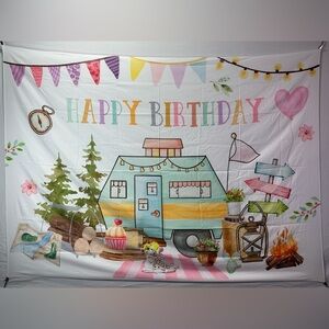 Outdoors Theme Cute Happy Birthday Backdrop Banner 7x5Ft.